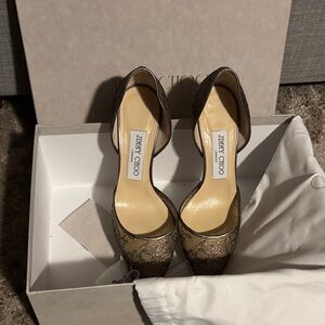 Jimmy Choo Black and Gold Lace Heels